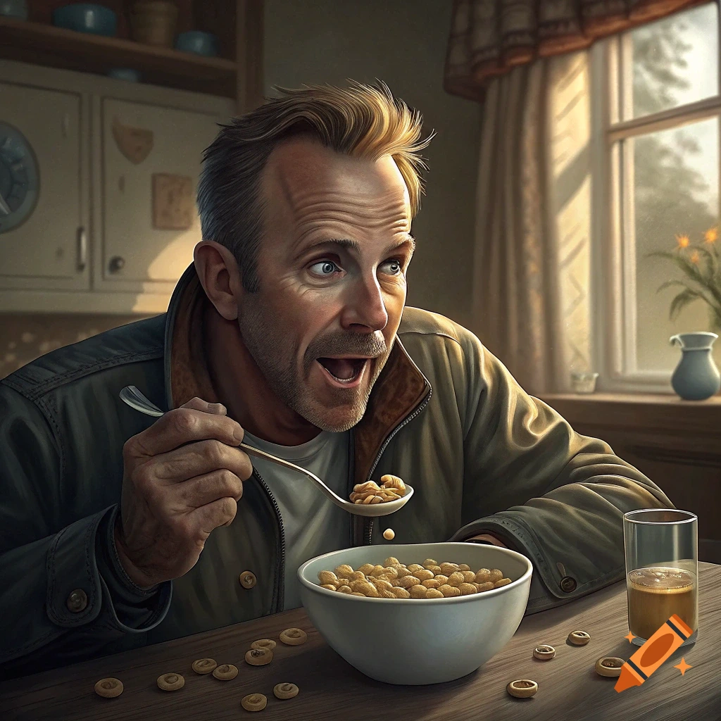 A man eats a bowl of cereal made of tiny faces in a sunlit kitchen.