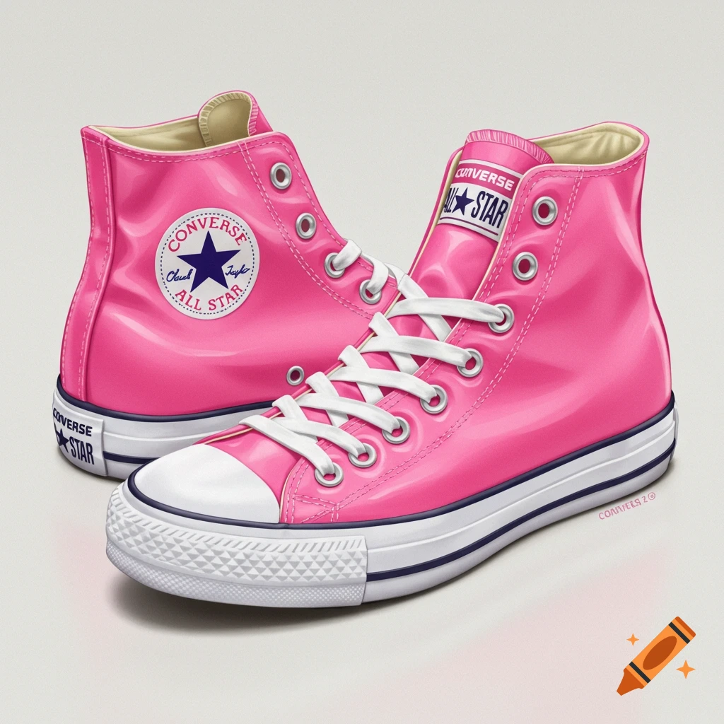 A pair of glossy pink high-top sneakers (Converse Chuck Taylors) on a white background.