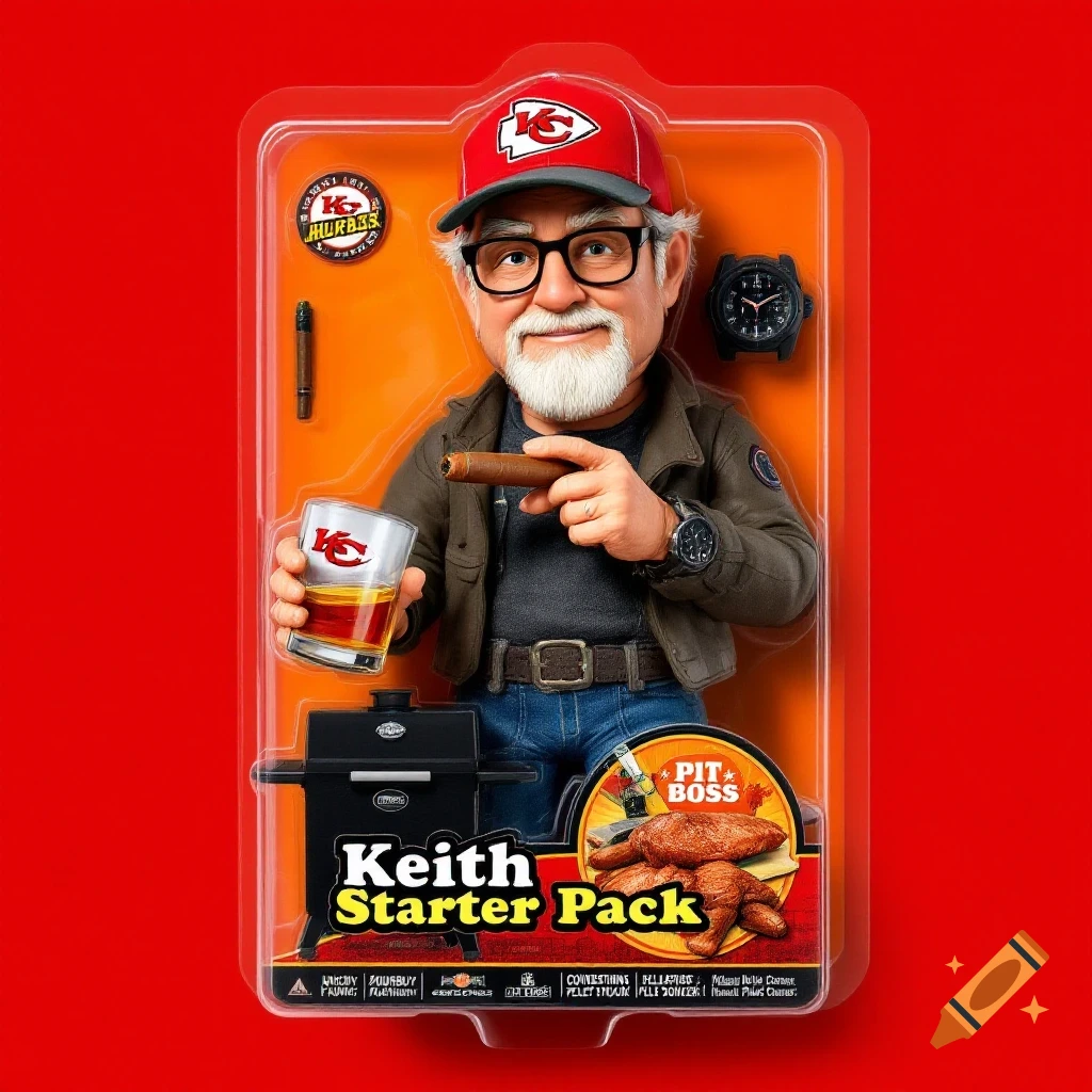 Action figure of a man in a Kansas City Chiefs hat holding a drink and cigar, packaged with accessories like a smoker and watch.