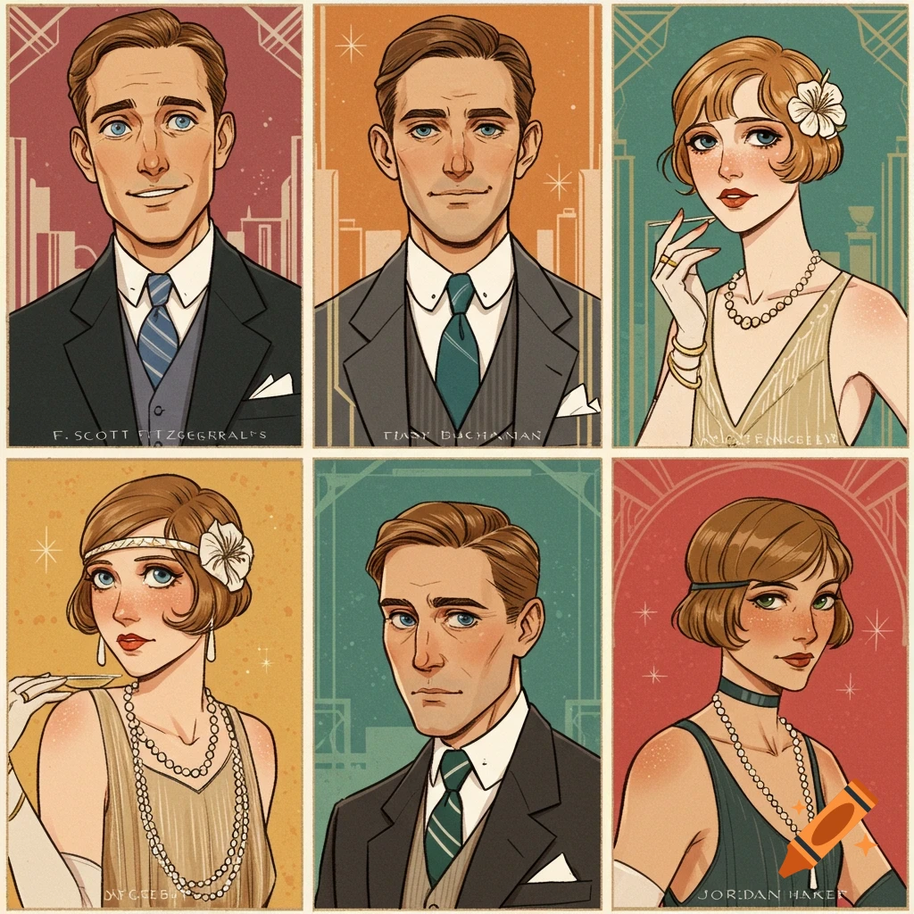 Six Art Deco style illustrations of people in 1920s clothing.