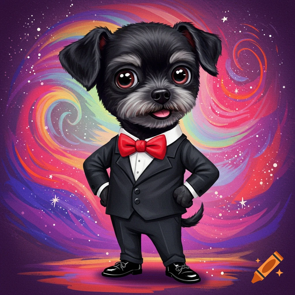 An illustration of a small black dog wearing a suit and red bowtie against a colorful swirling background.