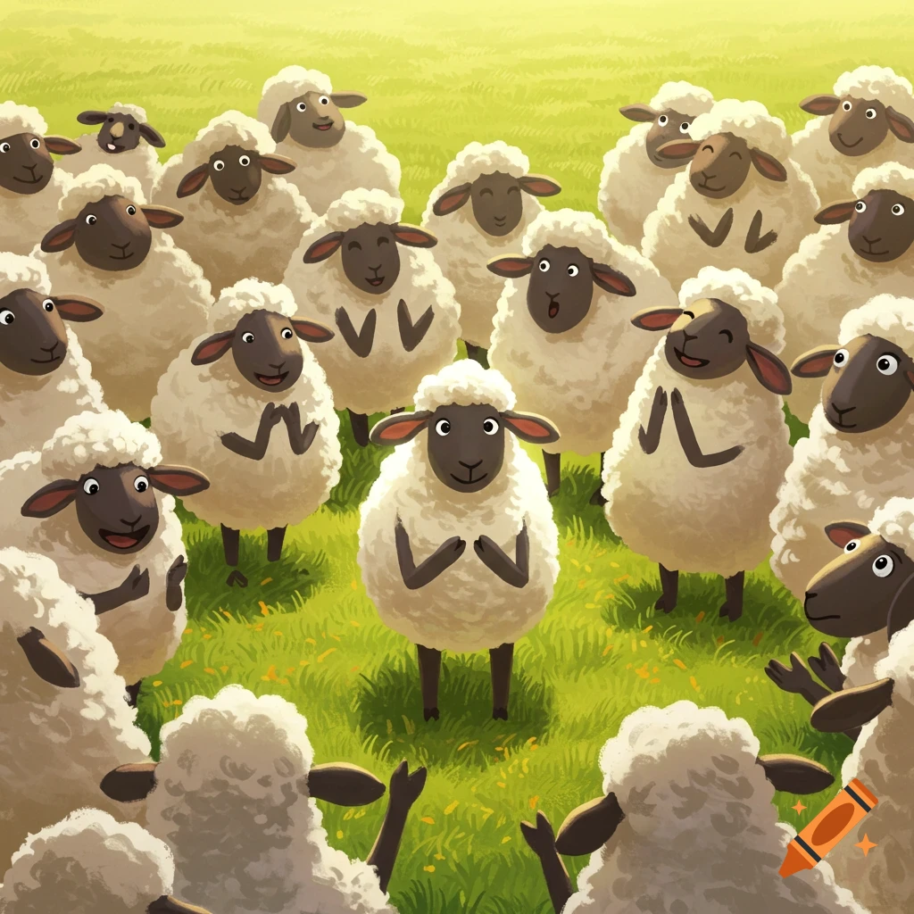 Digital illustration of a crowd of cheerful sheep clapping for one sheep in the center.
