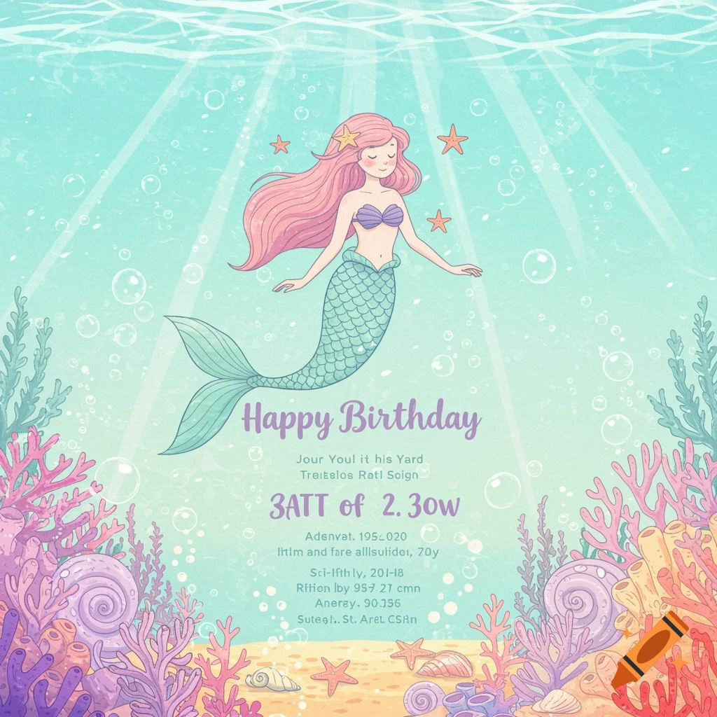 Cartoon illustration of a mermaid underwater with coral and bubbles, and text 'Happy Birthday'