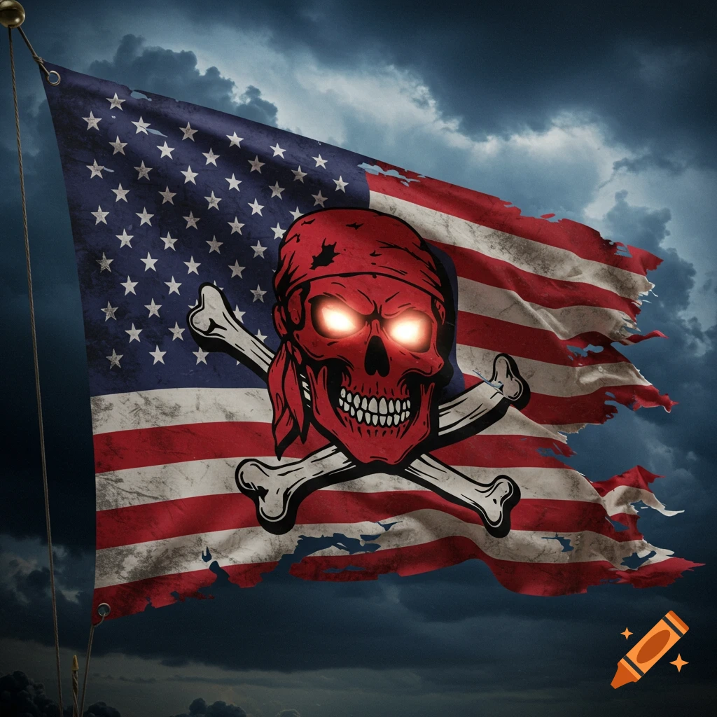 A tattered American flag with a red skull and crossbones emblem.
