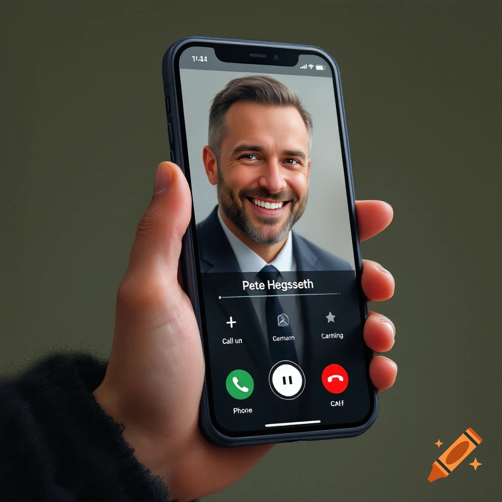 Hand holds a smartphone displaying a video call with a smiling man in a suit. It looks like a realistic photograph.