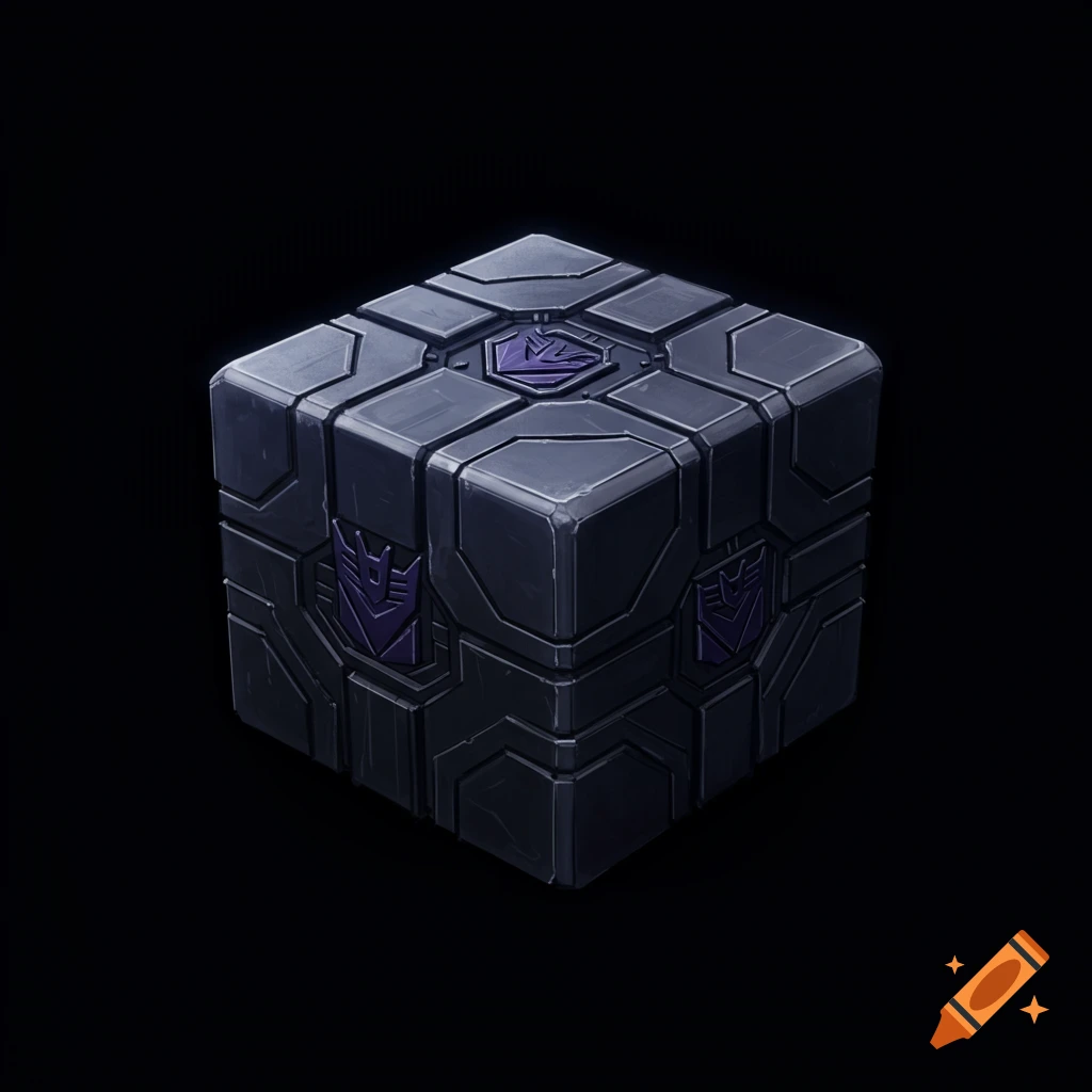A dark, segmented cube with purple symbols on a black background.