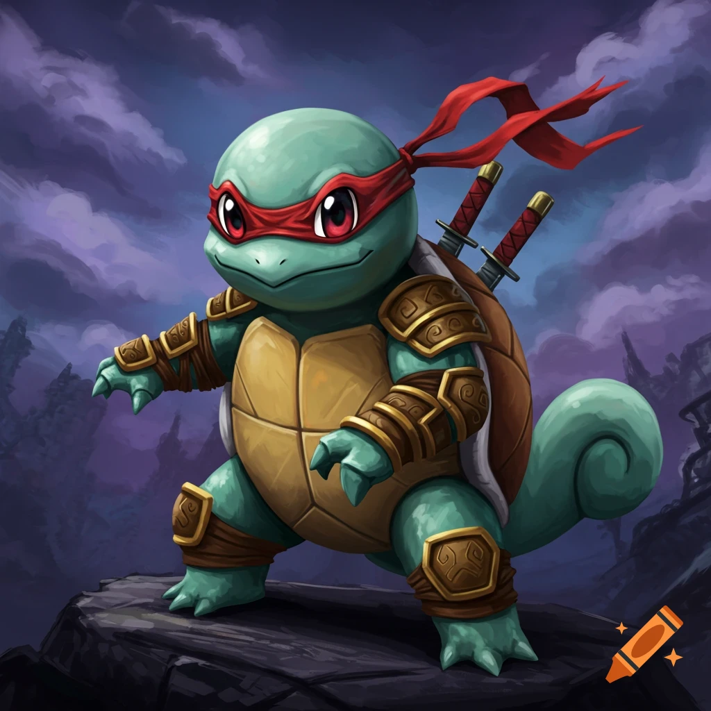 Squirtle as a Ninja Turtle wearing a red mask and armor, with sai swords on its back, standing on a rock.