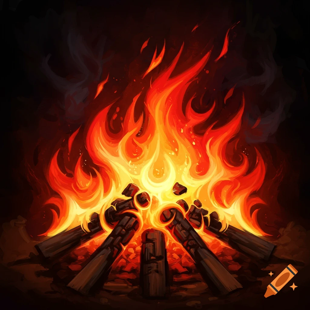 A brightly burning campfire with logs and flames.