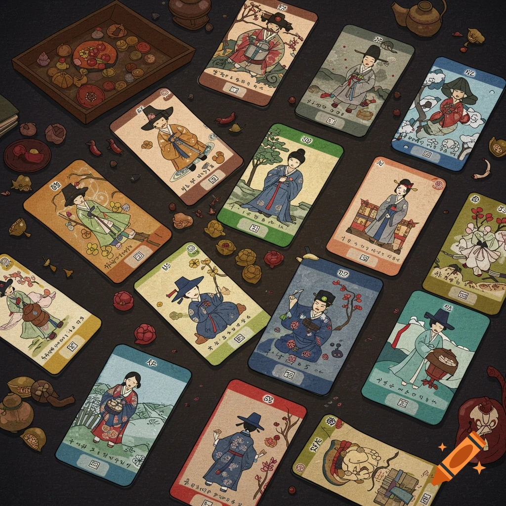 Close-up of scattered Hwatu playing cards on a dark surface, showing illustrations of people and objects.
