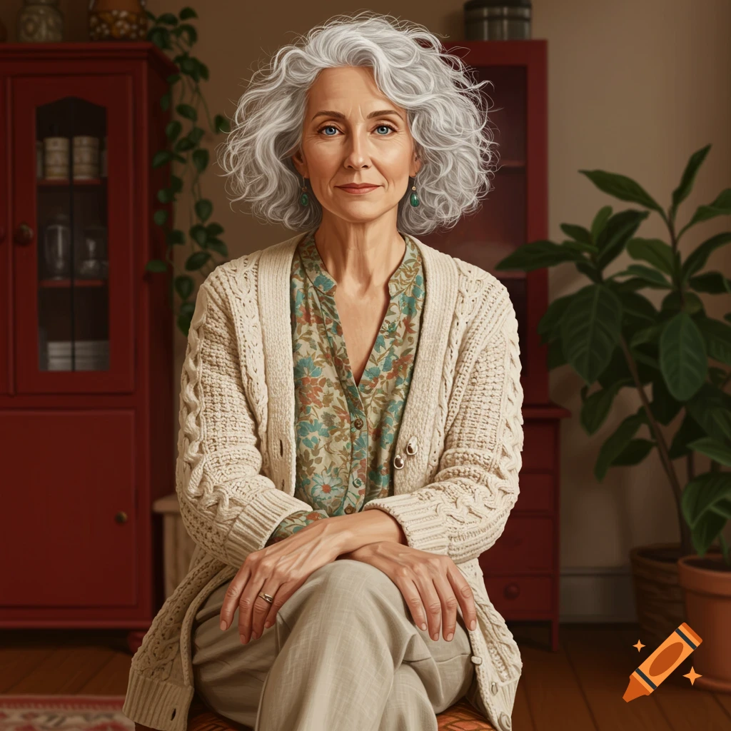 A woman with gray curly hair sits in a cozy living room.