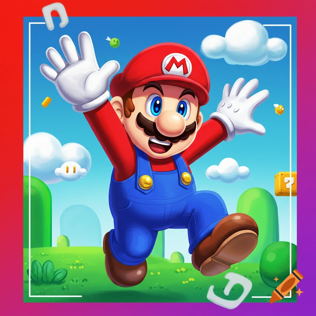 Mario is shown jumping in a grassy Super Mario Bros level. The scene includes coins and question blocks.