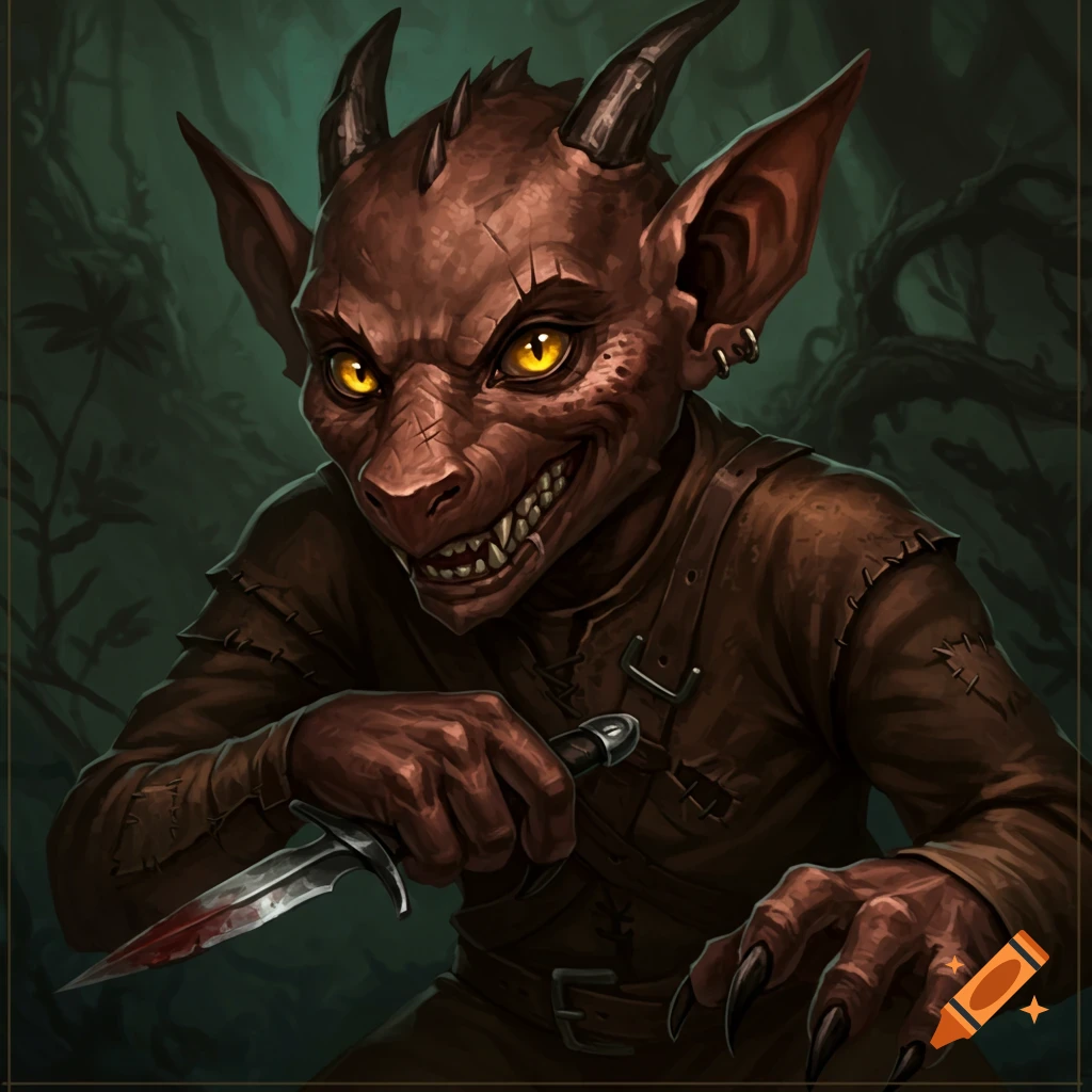 A nefarious-looking kobold holding a bloody knife.