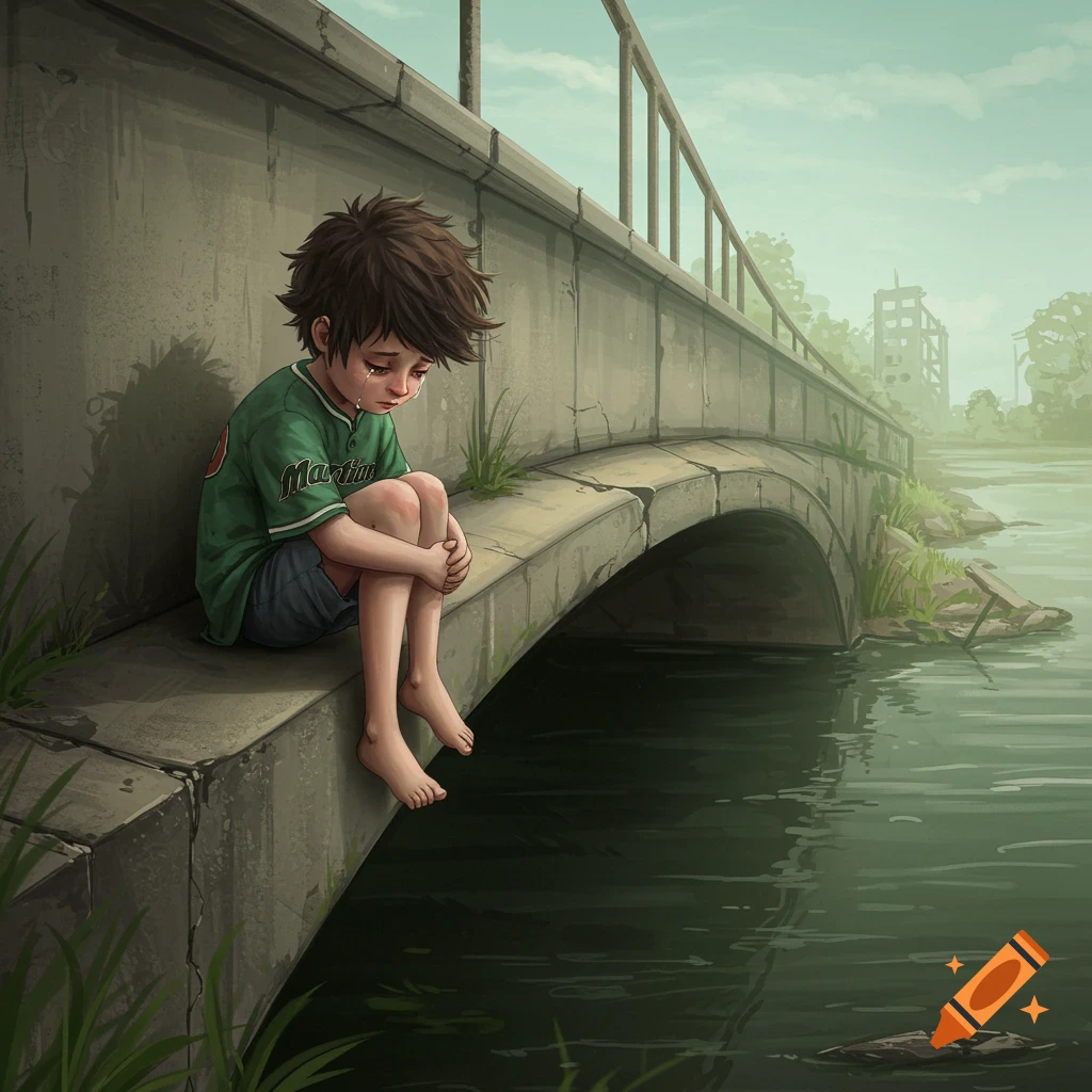 A sad boy sitting alone on a bridge over a dark river.