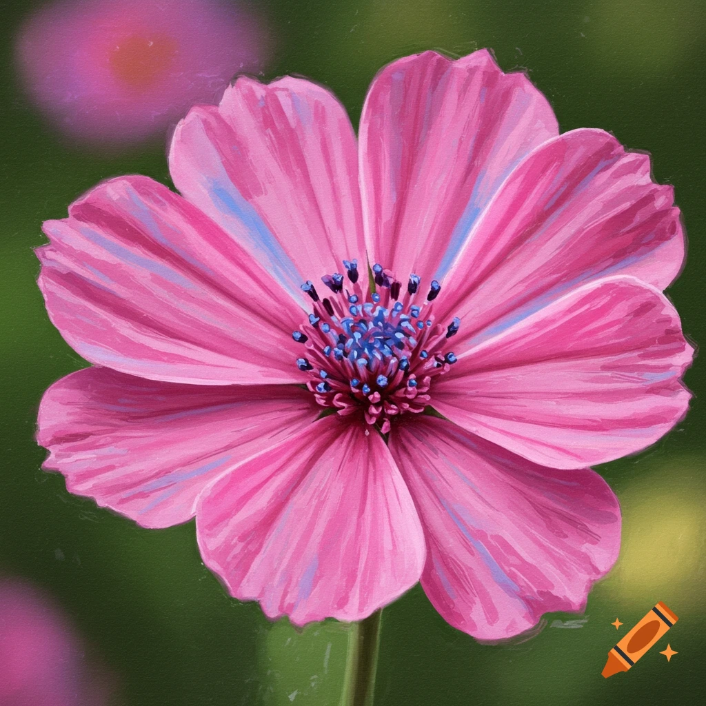 Close-up of a pink flower with blue stamens.