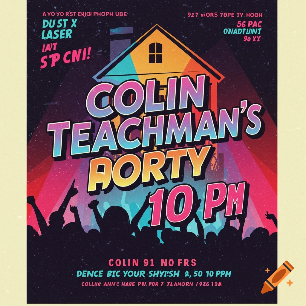 Stylized party promotion poster with bold text, house illustration, light beams, and silhouetted crowd.