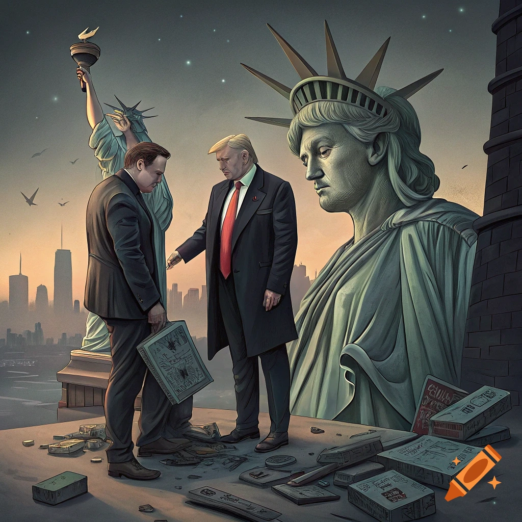 Two men stand among broken pieces of the Statue of Liberty with the New York skyline behind them. Illustration.