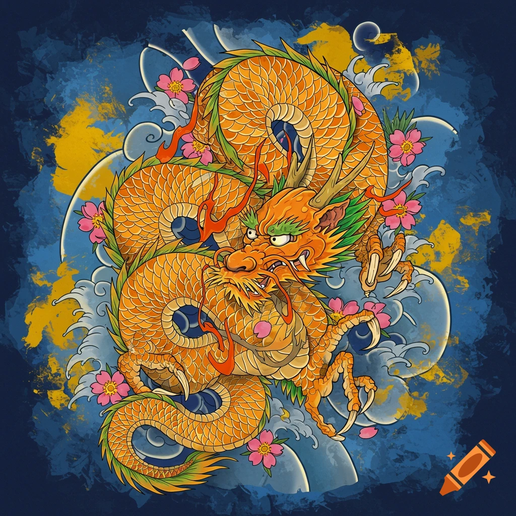 A detailed illustration of an orange dragon in a Japanese tattoo style, surrounded by waves, clouds, and pink cherry blossoms against a dark blue background.