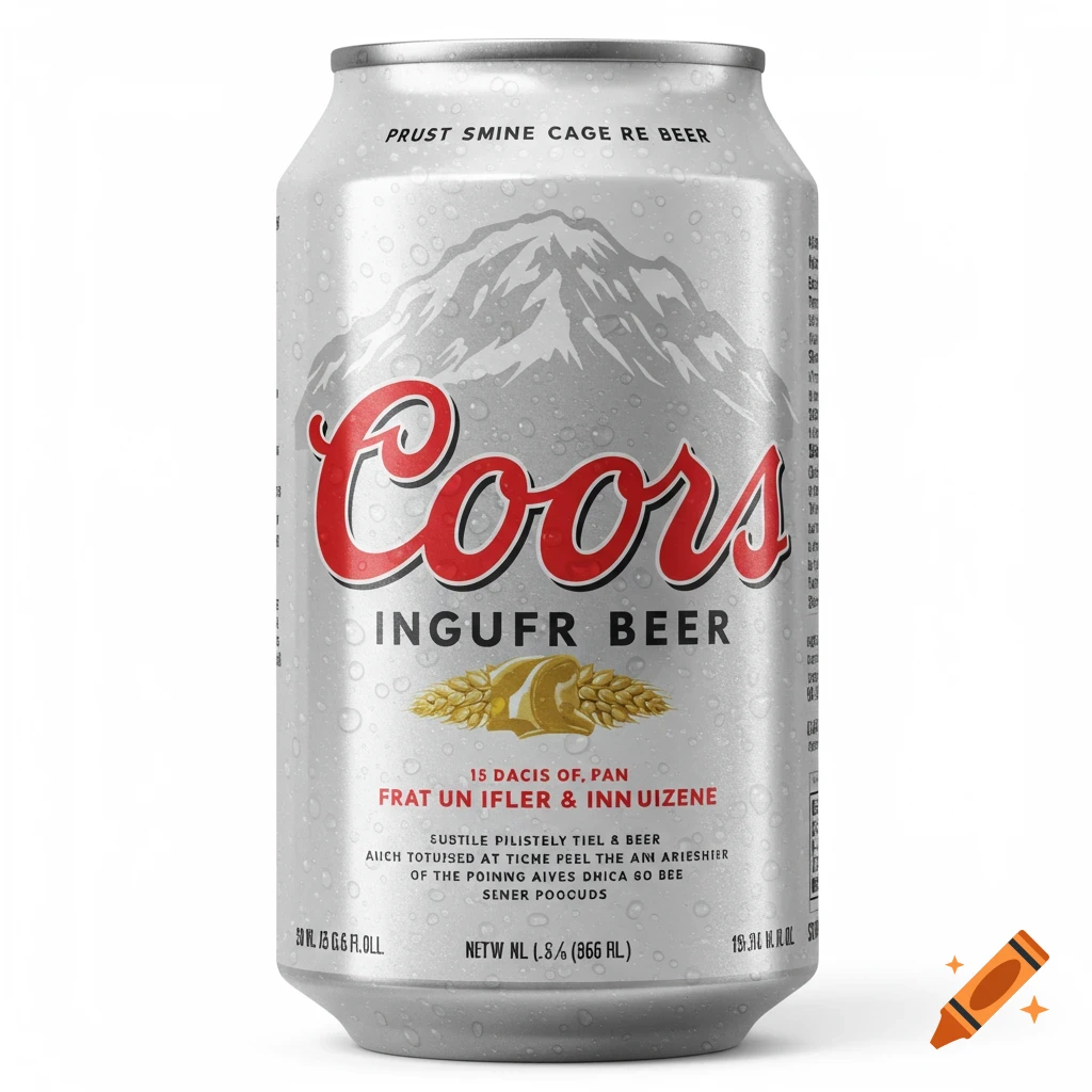 A photorealistic silver beer can with 'Coors', a mountain, and condensation drops.