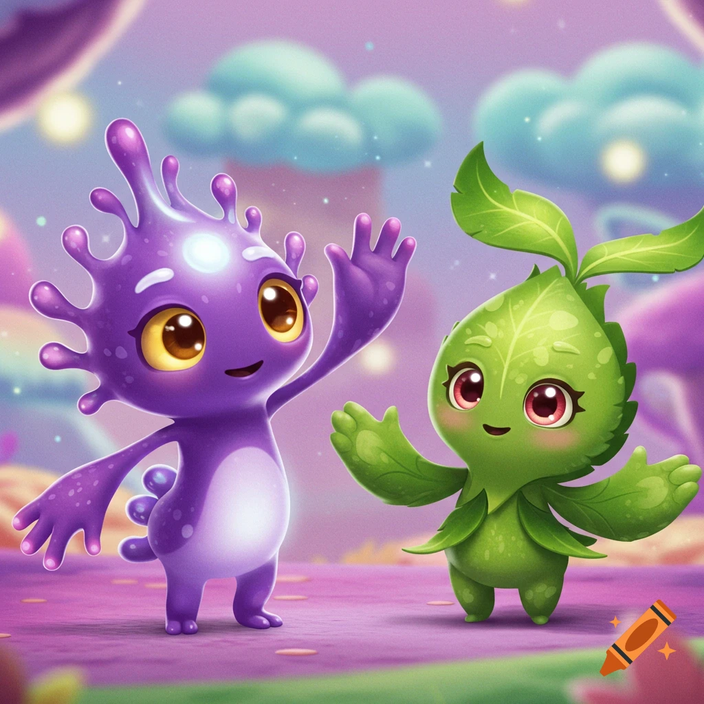 A cute purple creature and a green leafy creature wave in a whimsical fantasy world.
