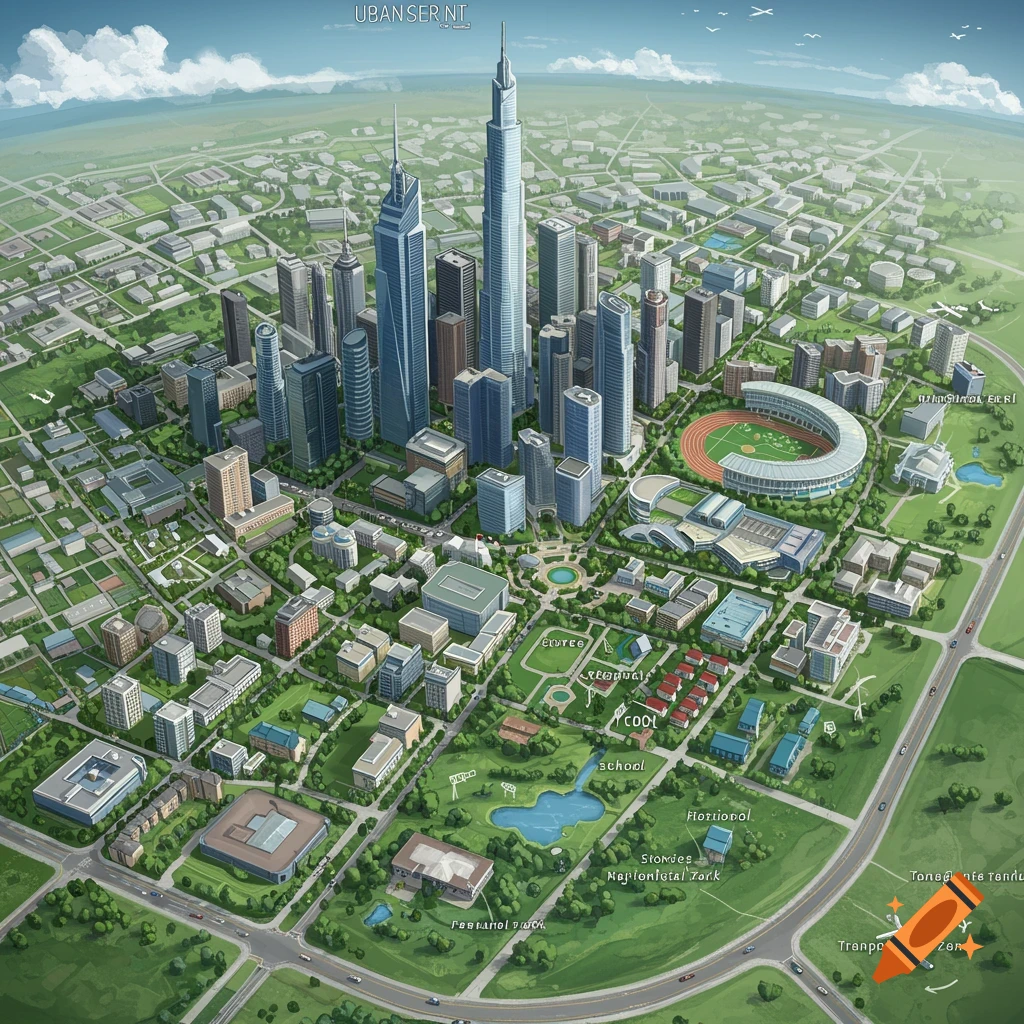Aerial view illustration of a planned city with a central skyscraper, park, stadium, and roads.