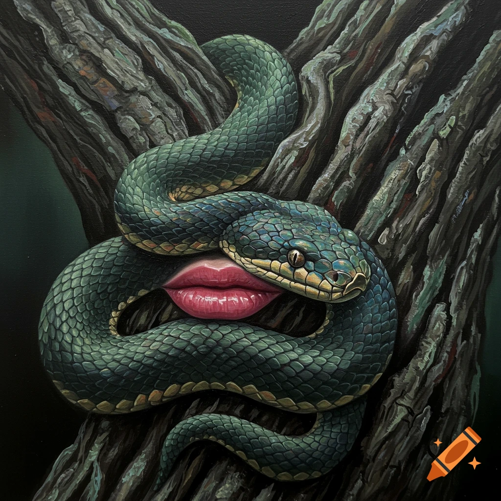 Acrylic painting of a green snake with human lips for a face wrapped around a tree.