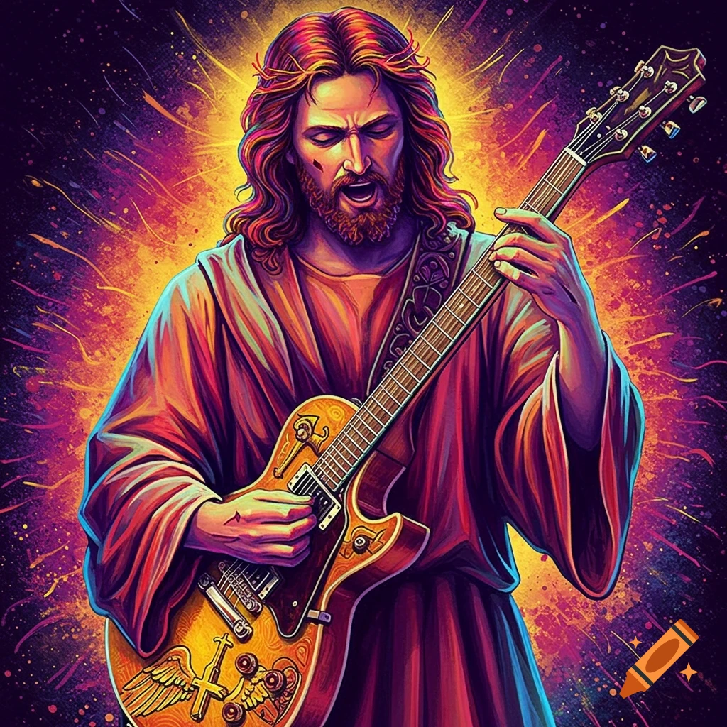 Jesus Christ playing an electric guitar with vibrant cosmic background.