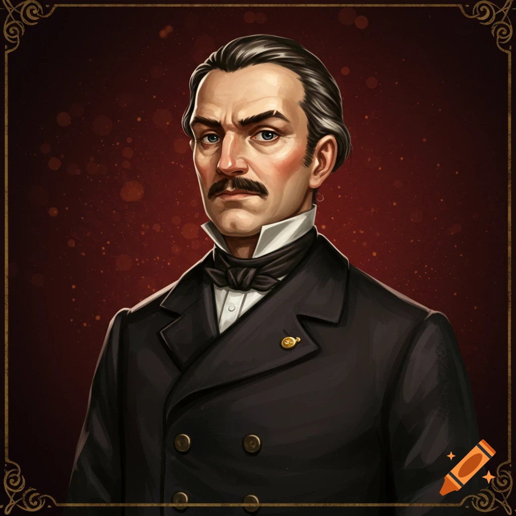Portrait of a stern man with a mustache, wearing a dark suit and bow tie.