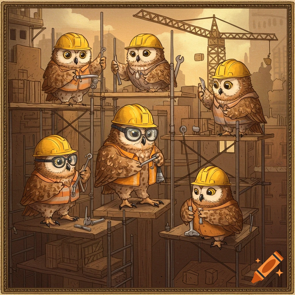 Multiple cute owls in construction hats and vests working on scaffolding with tools.