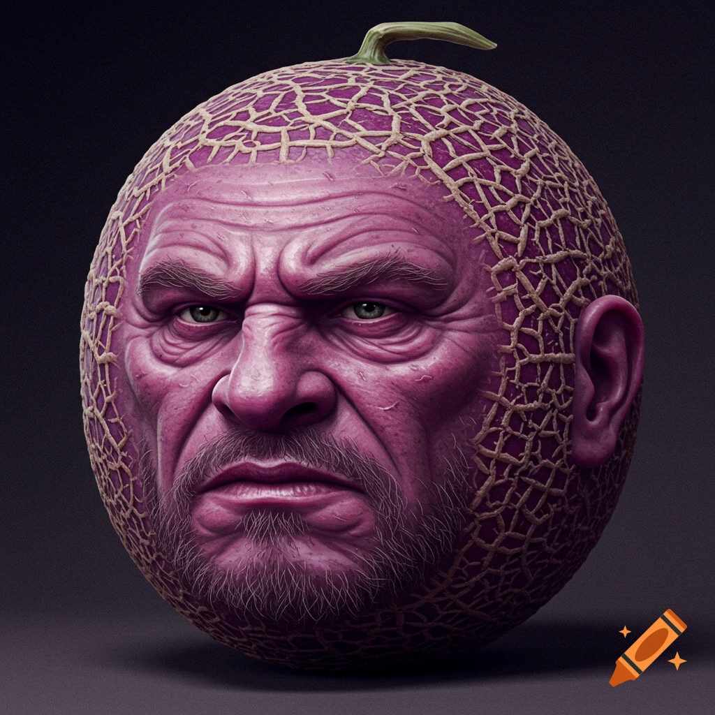 A purple cantaloupe with a detailed, manly human face.