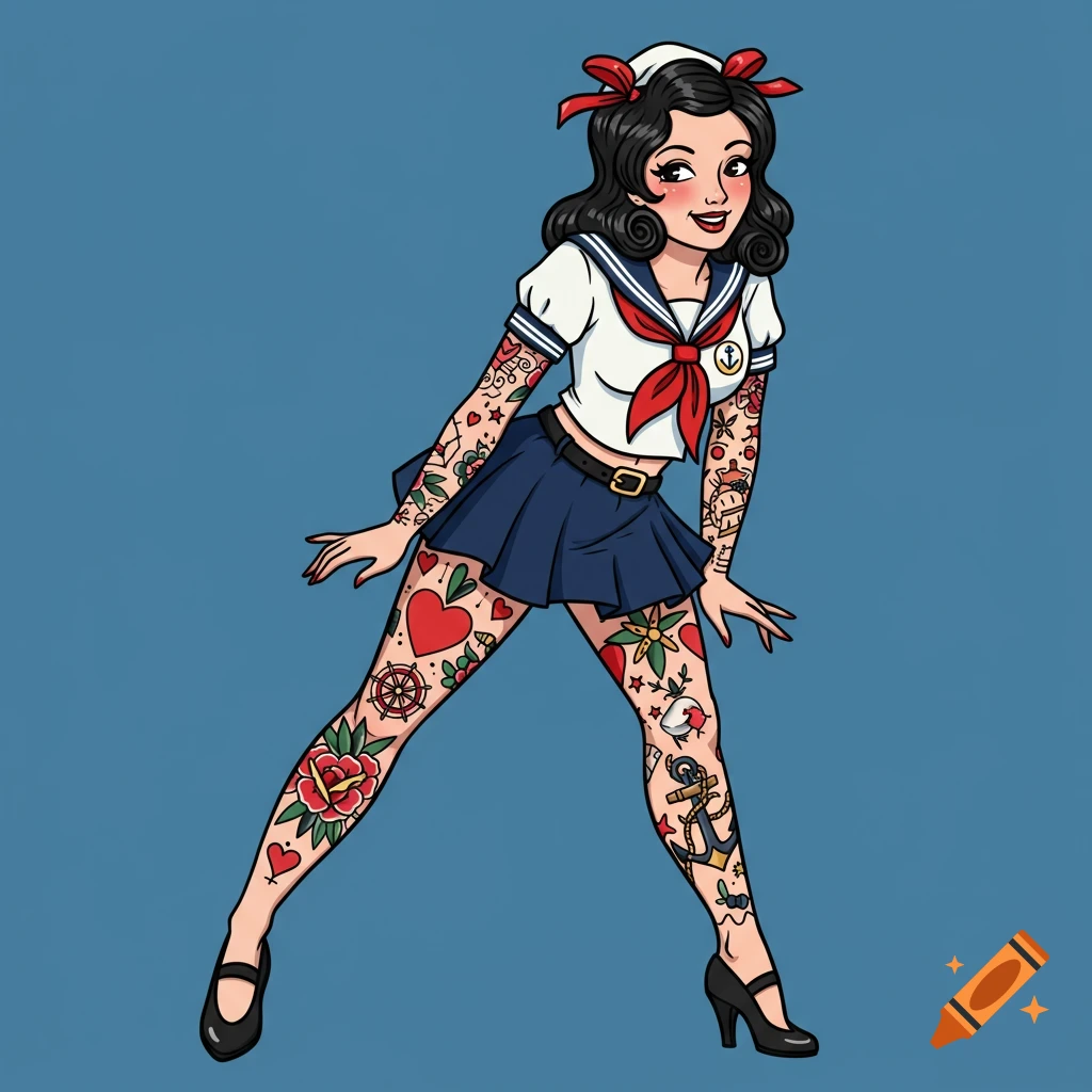 Cartoon pinup girl in sailor outfit covered in traditional tattoos.