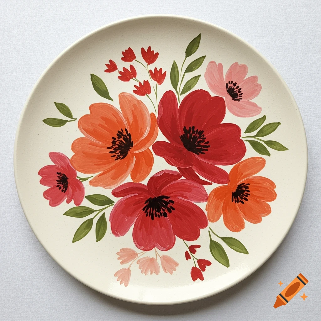 A plate with red, pink, and orange flowers.