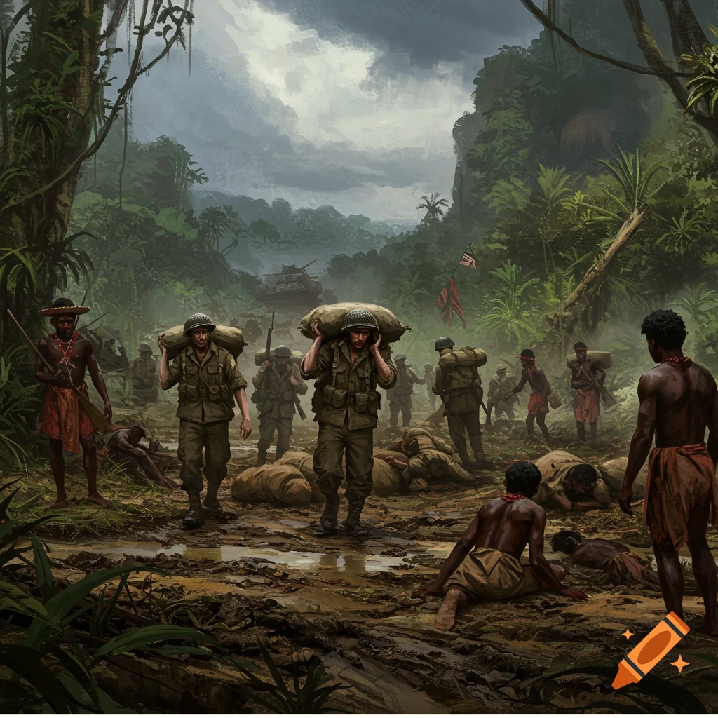 Soldiers and civilians move through a muddy jungle path with bodies on the ground, a tank in the distance.