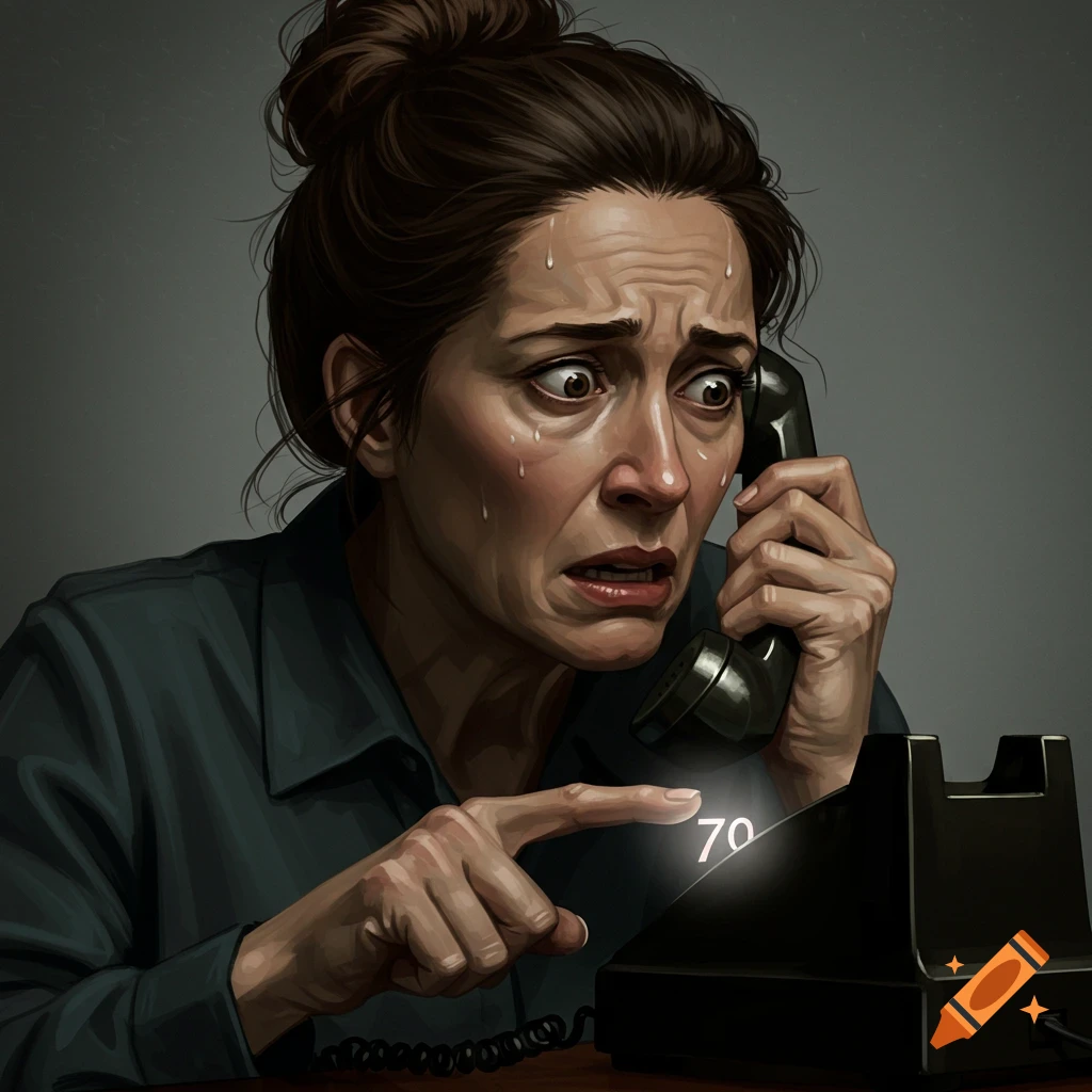 A scared woman sweating, holding a telephone receiver, and pointing at the number 70 on the phone base.