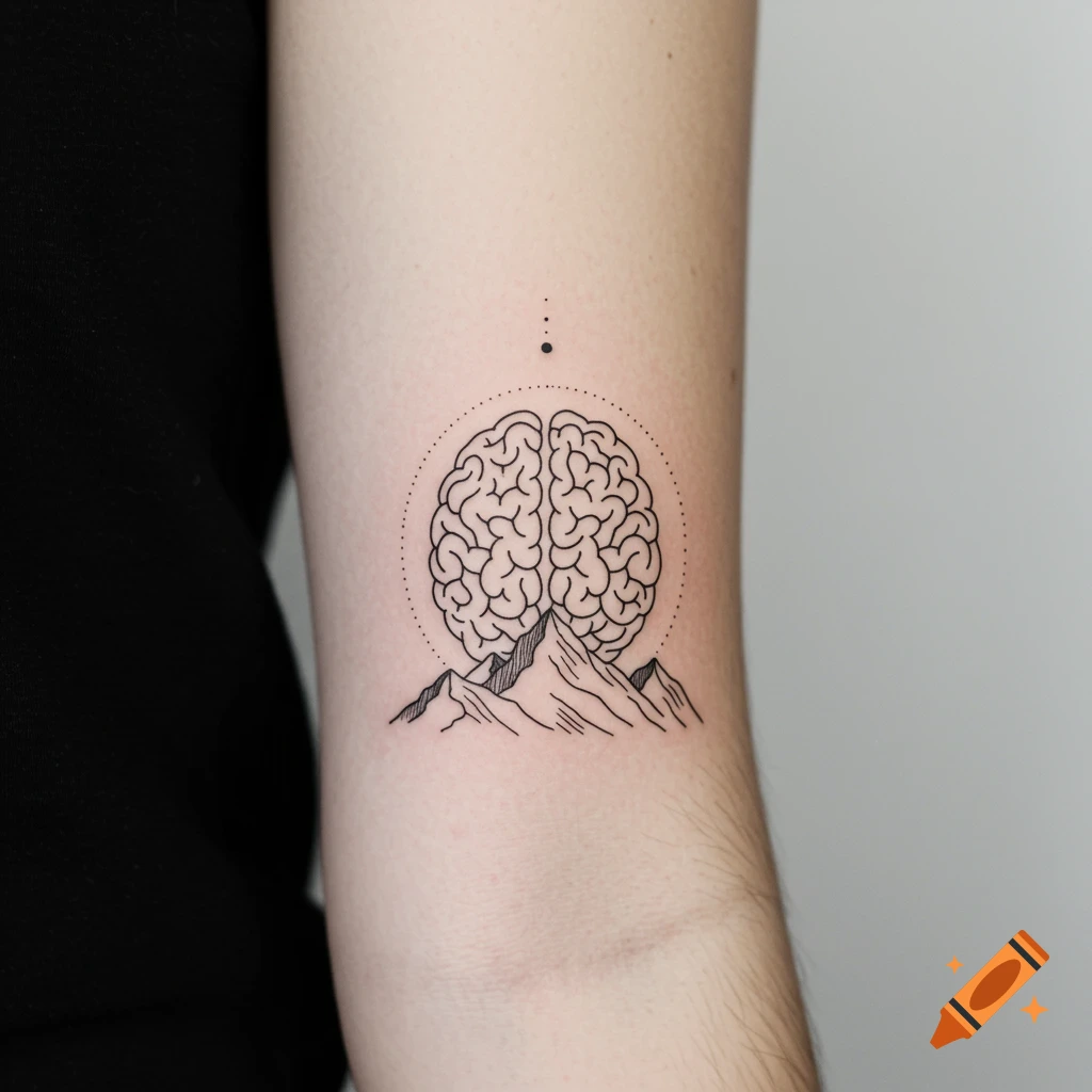 Minimalist line art tattoo design of a brain above mountains on an arm.