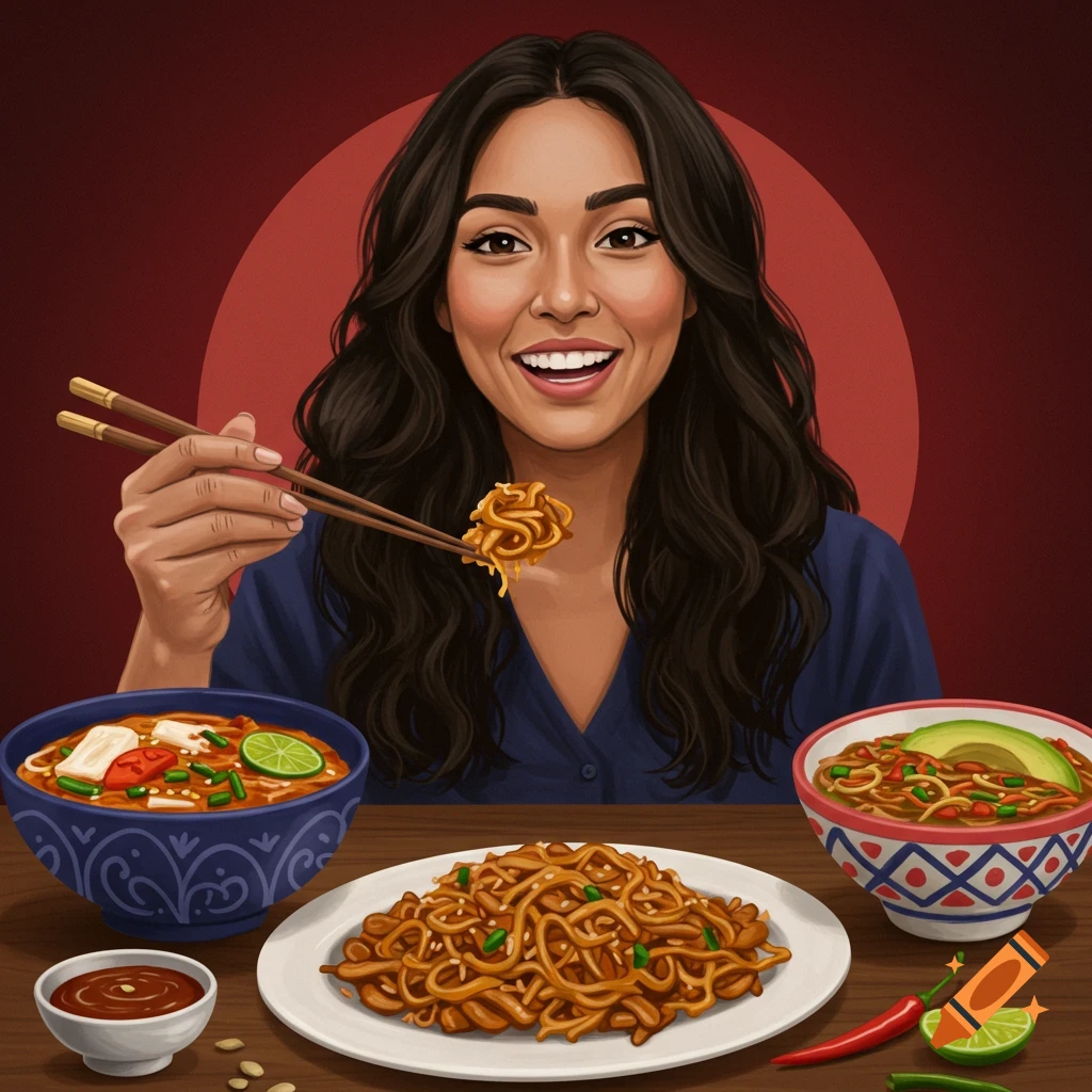A smiling woman is eating noodles with chopsticks, with bowls of food on a table.