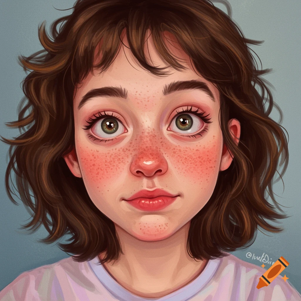 A portrait of a young woman with freckles.