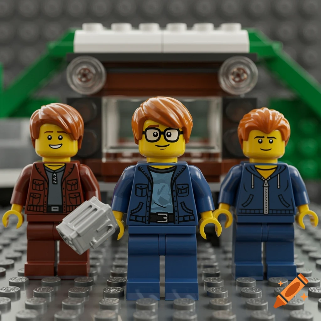 Three Lego minifigures standing in front of a Lego vehicle.