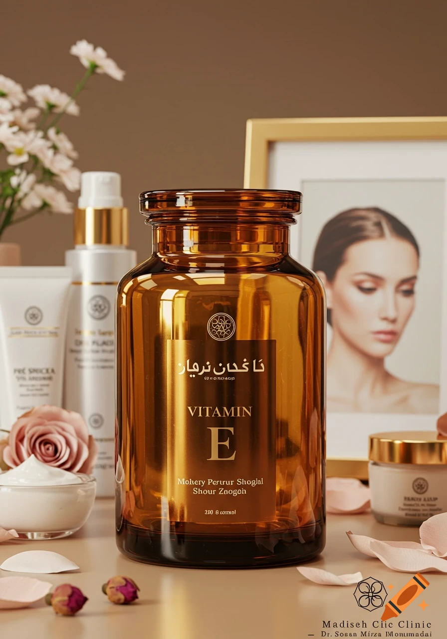 Still life photo of skincare products including an amber jar labeled Vitamin E, other bottles, cream, and rose petals
