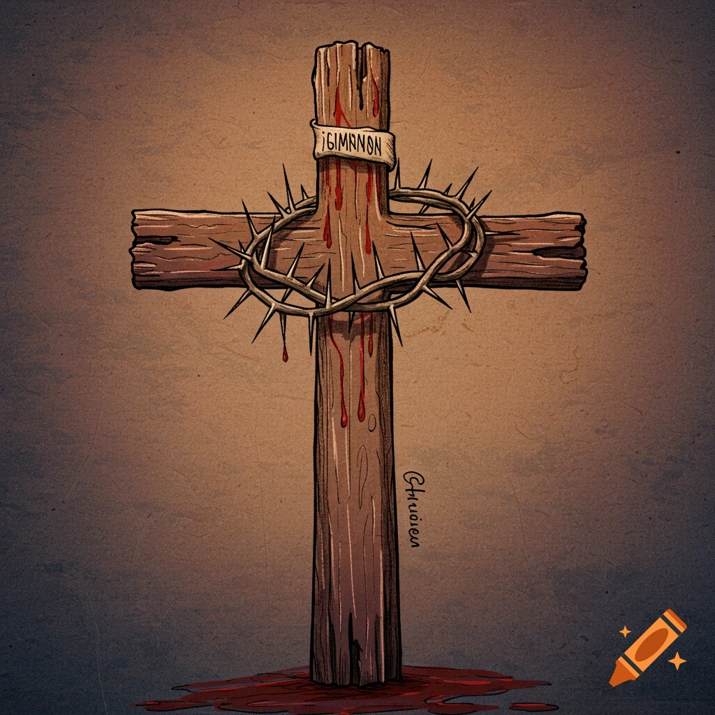 Drawing of a bloody wooden cross with a crown of thorns and text on a ribbon.
