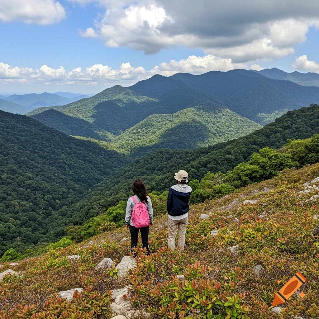 Two people look out from a rocky hill at a lush mountain valley under a cloudy sky.