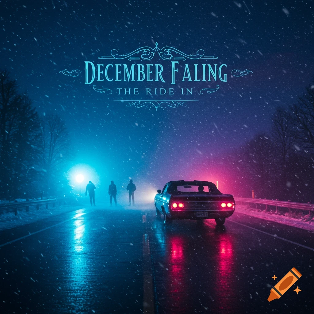 Cinematic album cover art with a vintage car driving on a snowy road at night under colorful lights, silhouettes of people, and text.