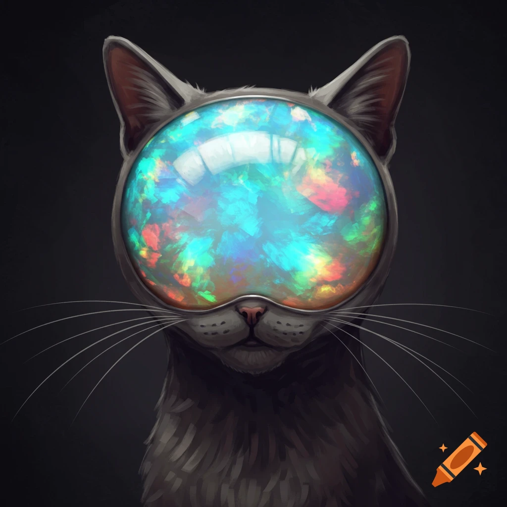 A cat with a huge, iridescent opal for a head.