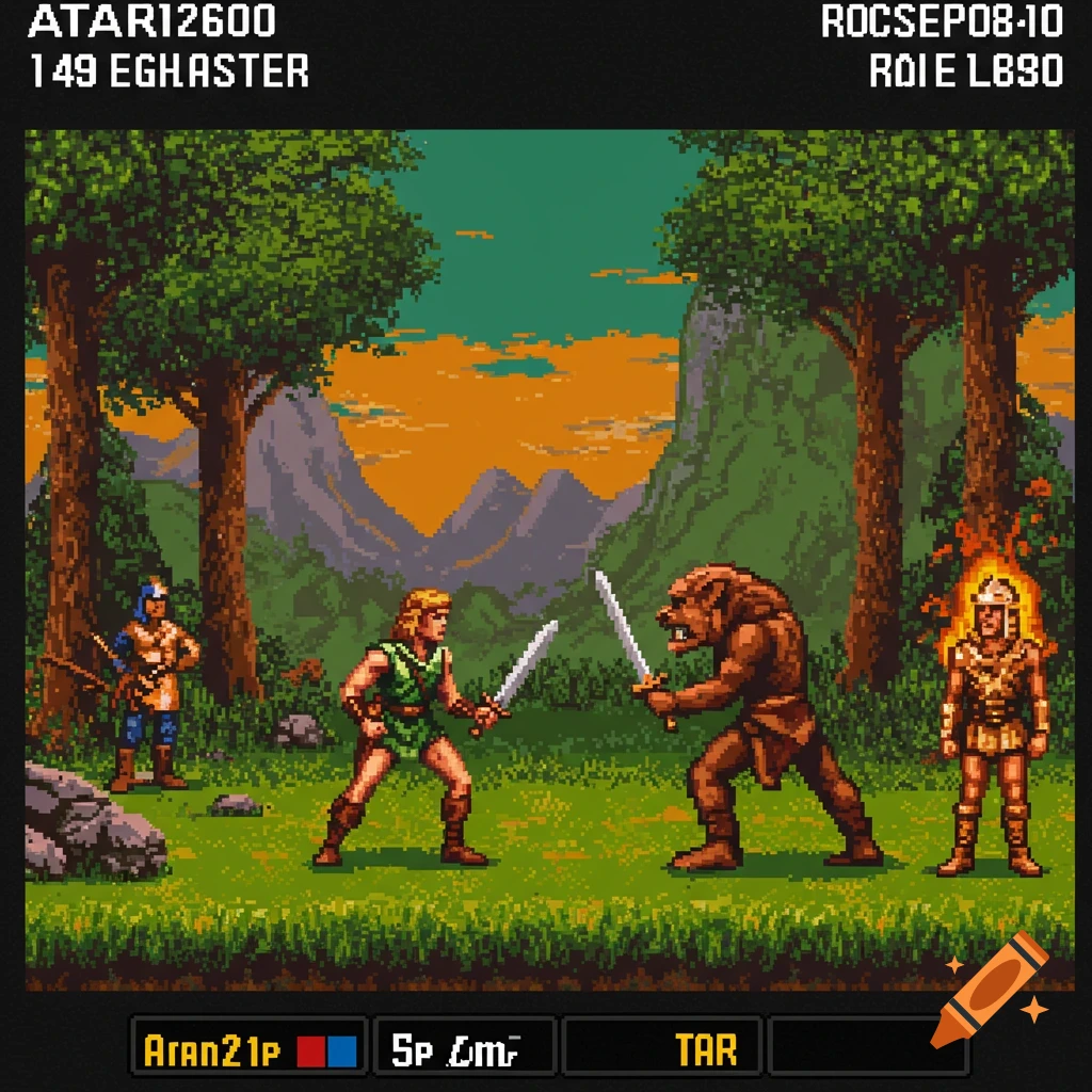 Pixel art scene like an Atari 2600 game with a hero fighting a monster in a forest.