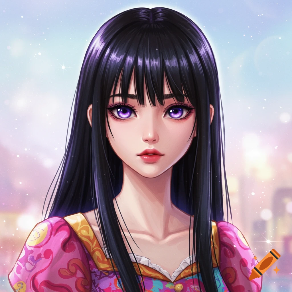 Anime portrait of a girl with black hair and purple eyes in a colorful dress.