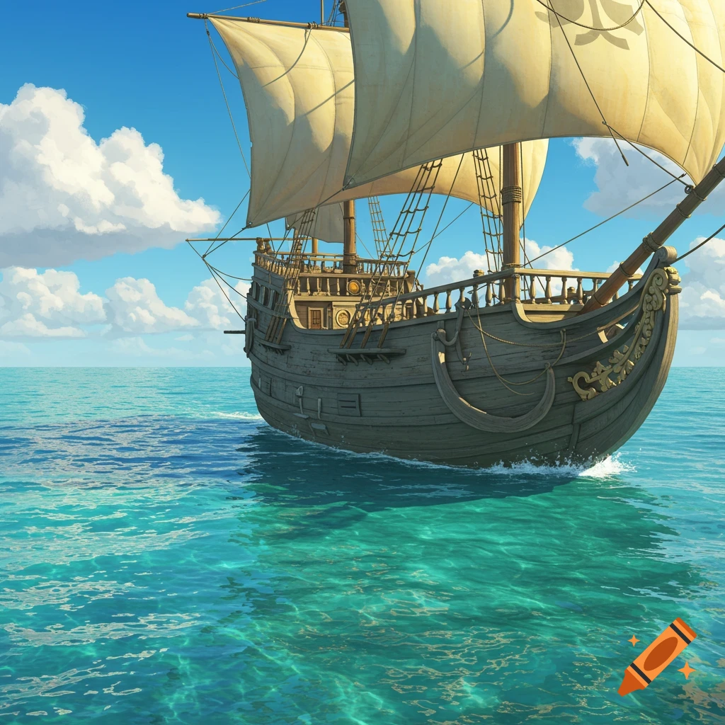 A caravel sailing on turquoise water under a blue sky with clouds
