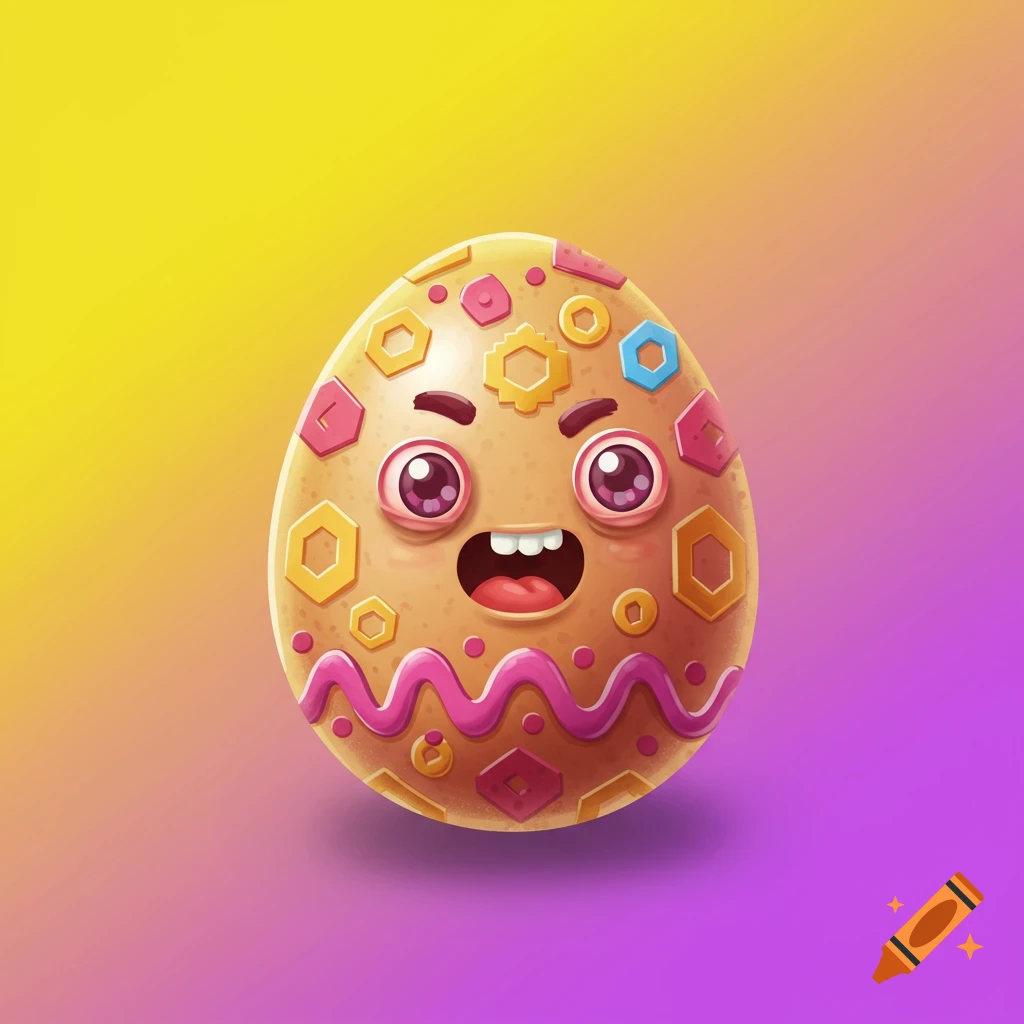 Funny decorated Easter egg character with wide eyes and open mouth on a gradient background