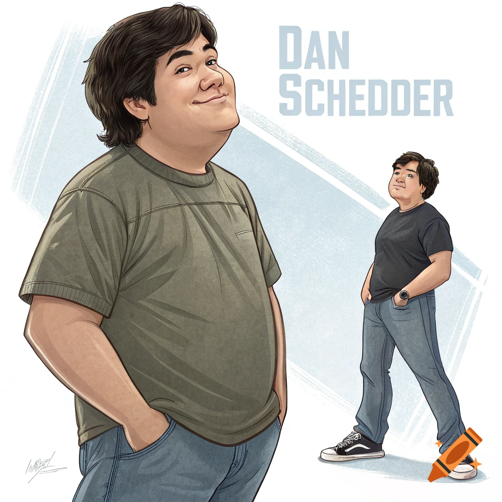 Cartoon illustration of a man standing in two poses, with the name 'DAN SCHEDDER' next to him.