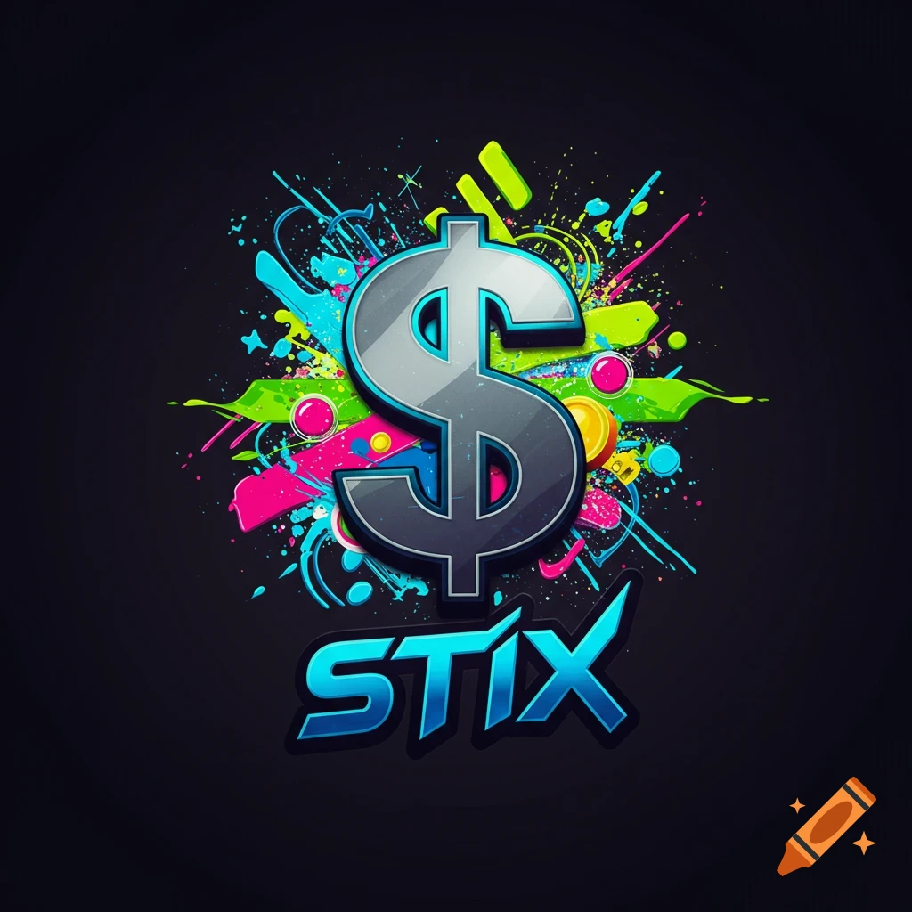 A grey dollar sign with colorful splatters above the blue text STIX on a black background