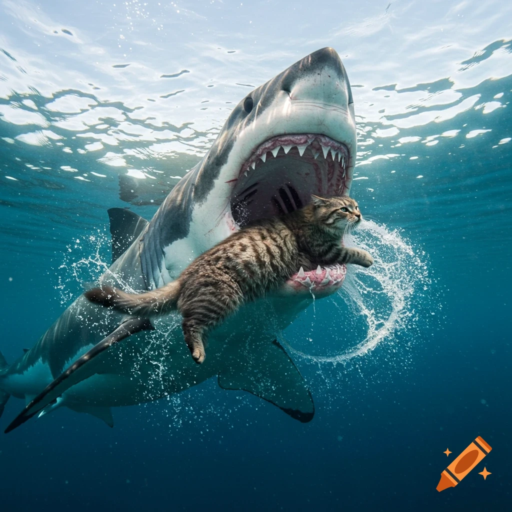 Photorealistic image of a large shark underwater biting down on a swimming tabby cat.