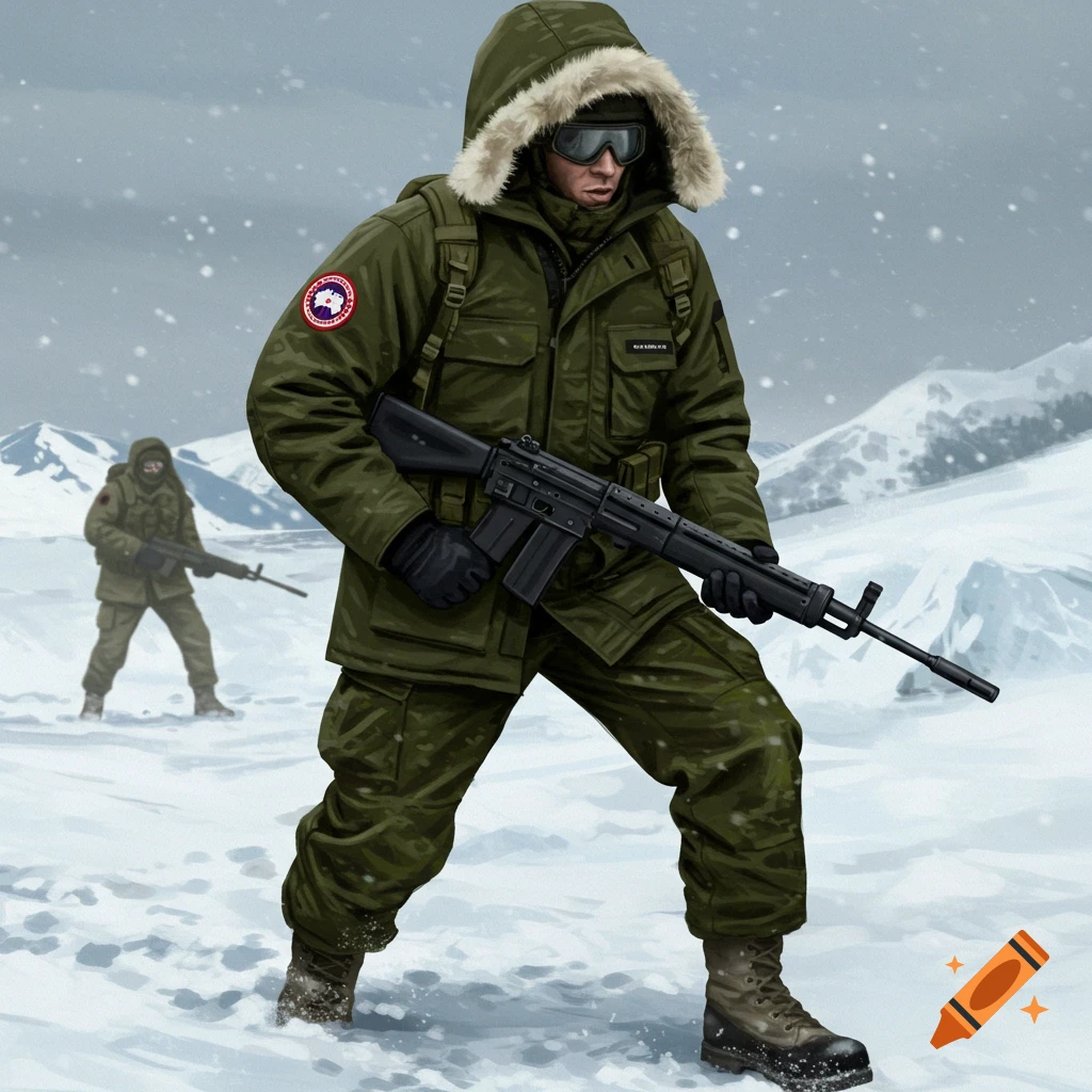 Two soldiers in green winter military uniforms with fur hoods, standing in a snowy mountain landscape holding rifles.